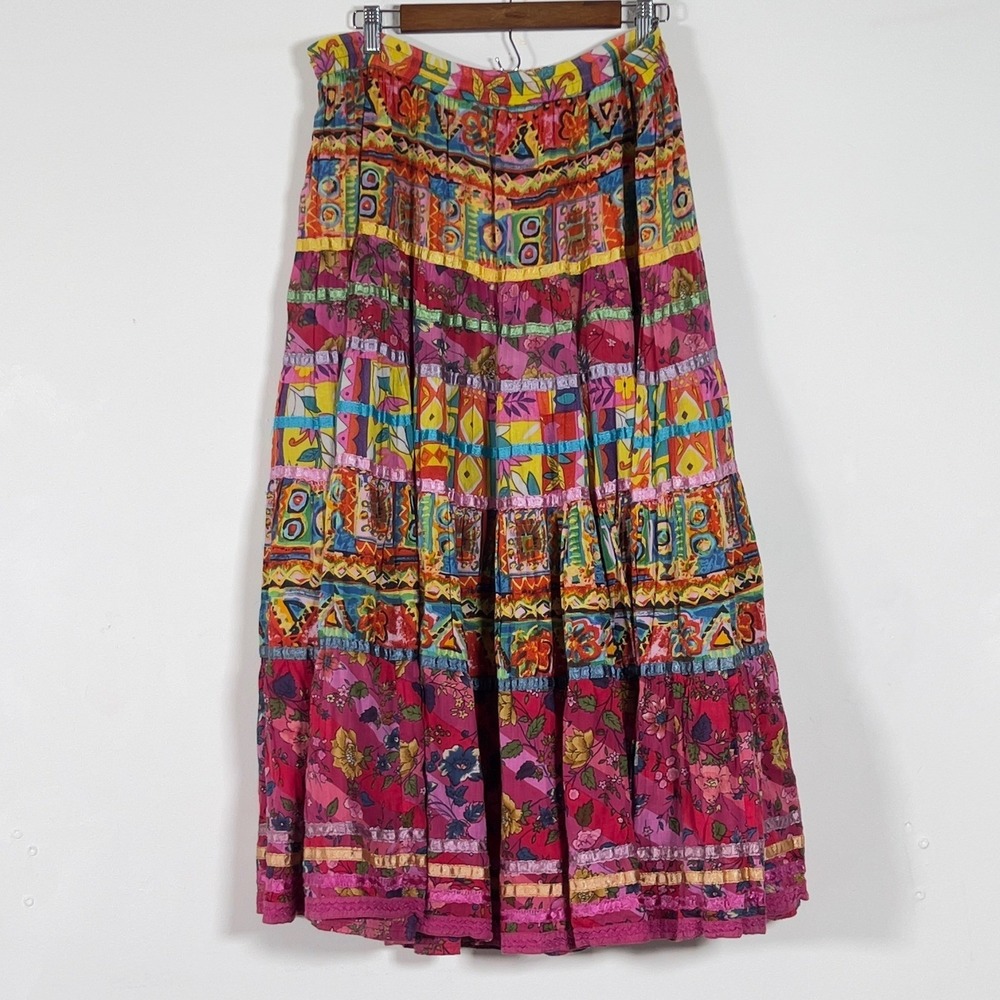 anii By Natural Boho Tiered Maxi Skirt Women Sz L Multicolor Floral Ribbon Trim - Picture 3 of 8